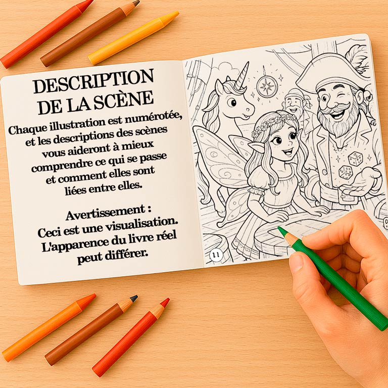 Livre de coloriage et d’aventure ouvert pour enfants et adolescents, avec une description de scène narrative et une page à colorier — partie d’un livre interactif avec scènes fantastiques et pages de coloriage pour enfants et adultes.