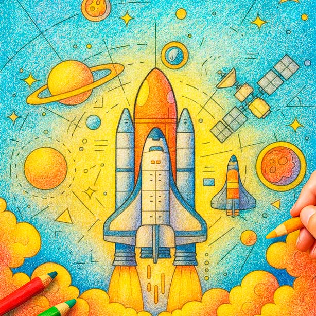 Fun space coloring page for kids with rocket ship