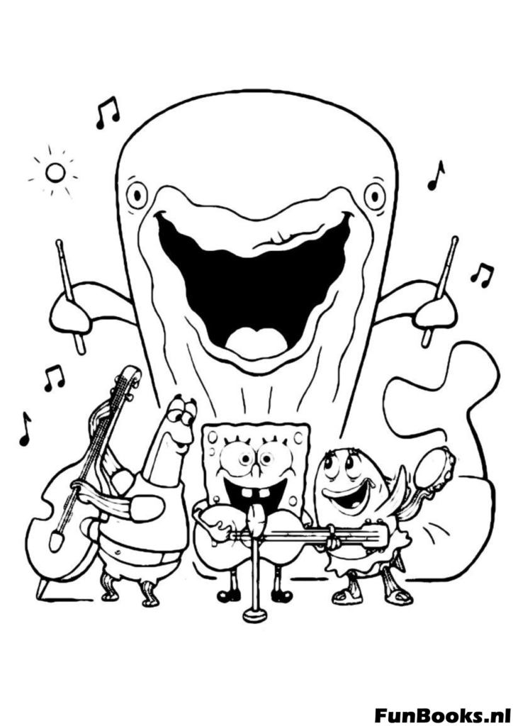 SpongeBob Patrick and Squidward playing musical instruments in front of the giant Alaskan Bull Worm coloring page