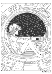 Anime Stil Astronautin schaut aus Raumschifffenster Ausmalbild