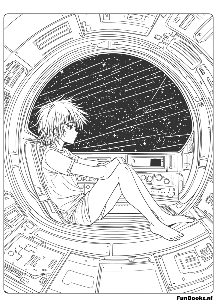 Anime Stil Astronautin schaut aus Raumschifffenster Ausmalbild