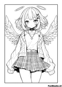 Schattig anime meisje met engelenvleugels in een schooluniform rokje kleurplaat