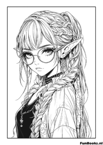 Klug aussehendes Anime Mädchen mit Brille und langen geflochtenen Haaren Ausmalbild