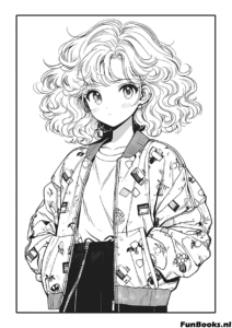 Modisches Anime Mädchen trägt eine detaillierte Bomberjacke mit Patches Ausmalbild