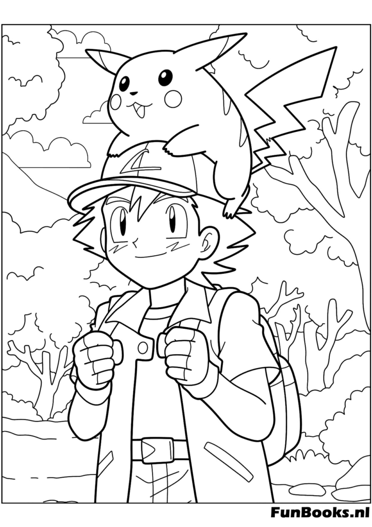 Portrait of Ash Ketchum with Pikachu on his shoulder coloring page