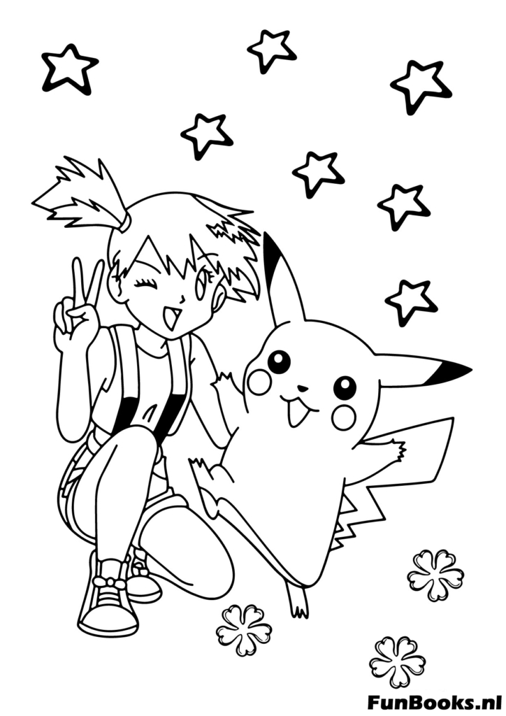 Ash en Pikachu geven een high five teamwerk kleurplaat