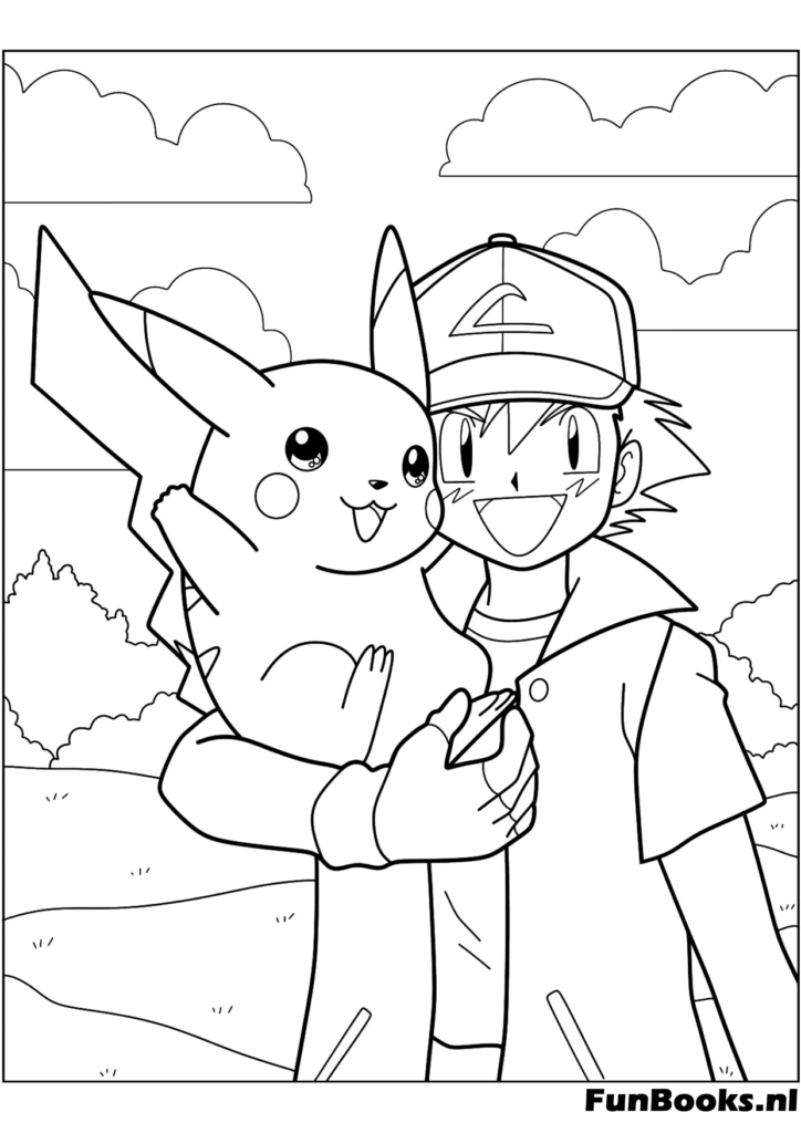 Ash Ketchum knuffelt zijn beste vriend Pikachu anime scène kleurplaat