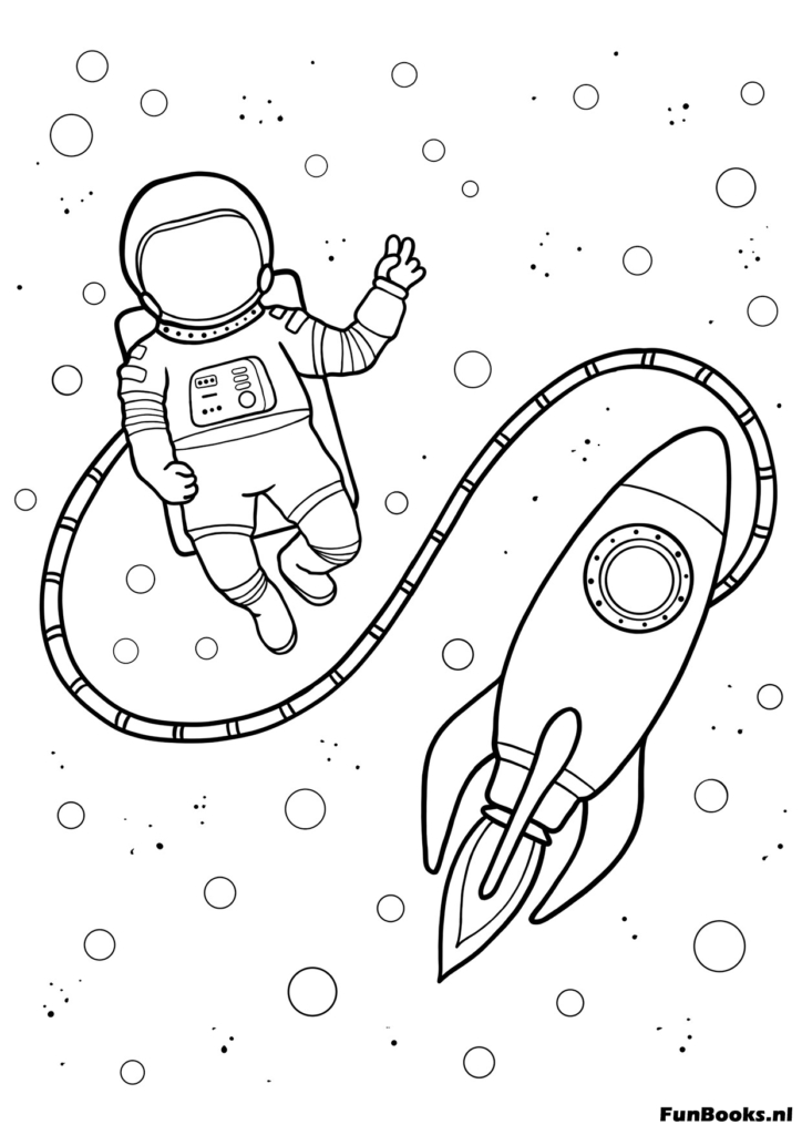 Astronaut zweeft in de ruimte met kabel kleurplaat