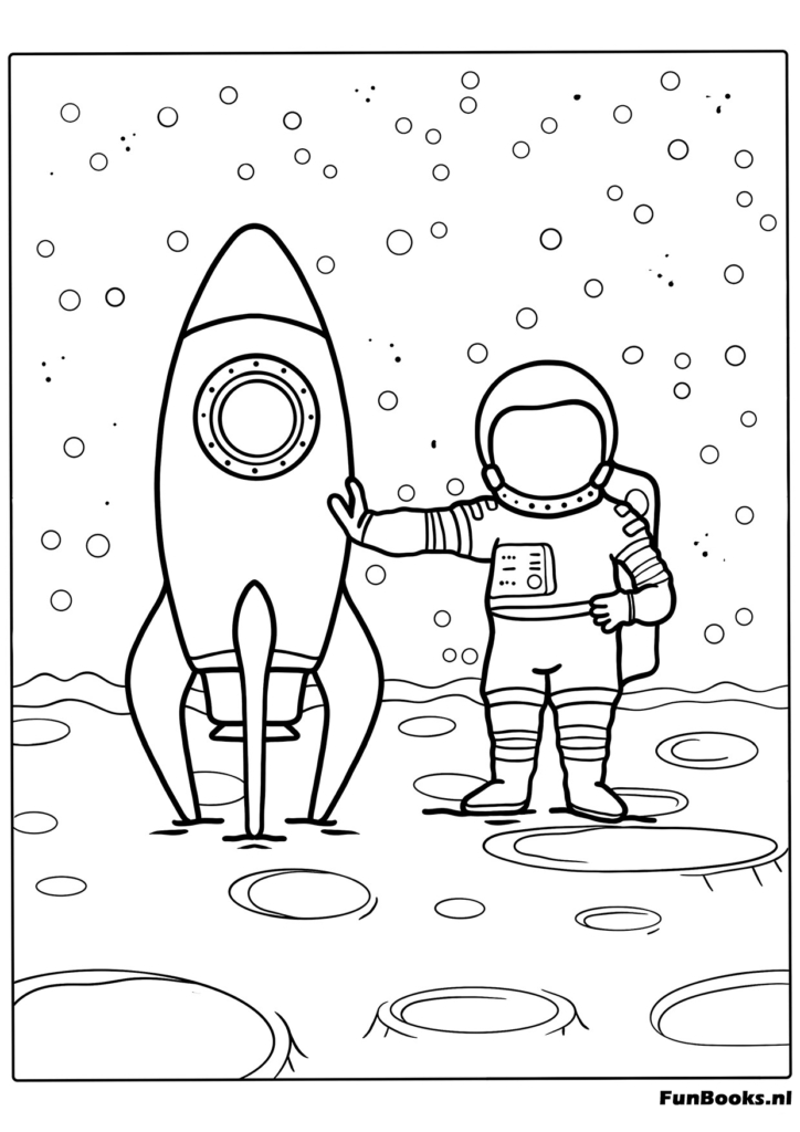 Astronaut standing on moon next to rocket and flag coloring page