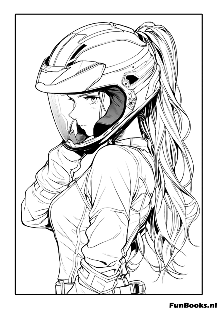 Cooles Biker-Mädchen mit Motorradhelm und Pferdeschwanz Seitenansicht Ausmalbild