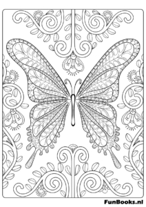 Symmetrical butterfly with mandala wing patterns stress relief coloring page