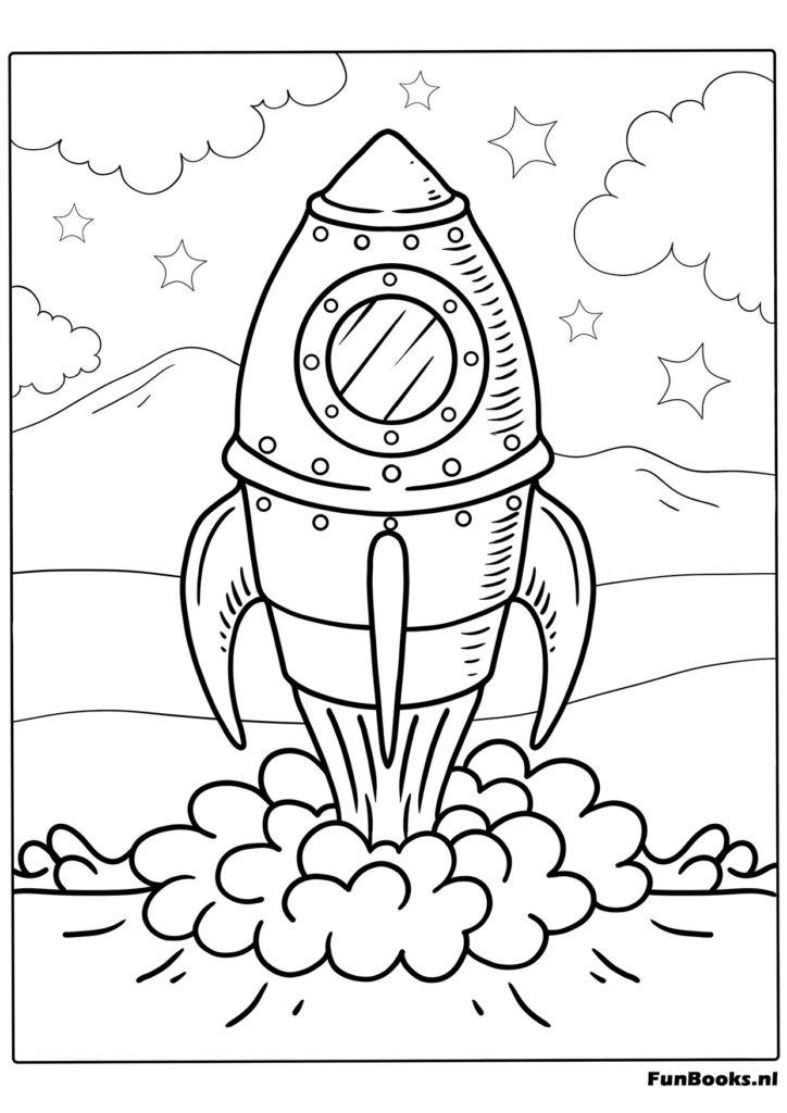 Süße Cartoon Rakete schießt in den Weltraum Ausmalbild