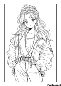 Anime Mädchen steht in einem lässigen Outfit mit weiter Hose und Jacke Ausmalbild