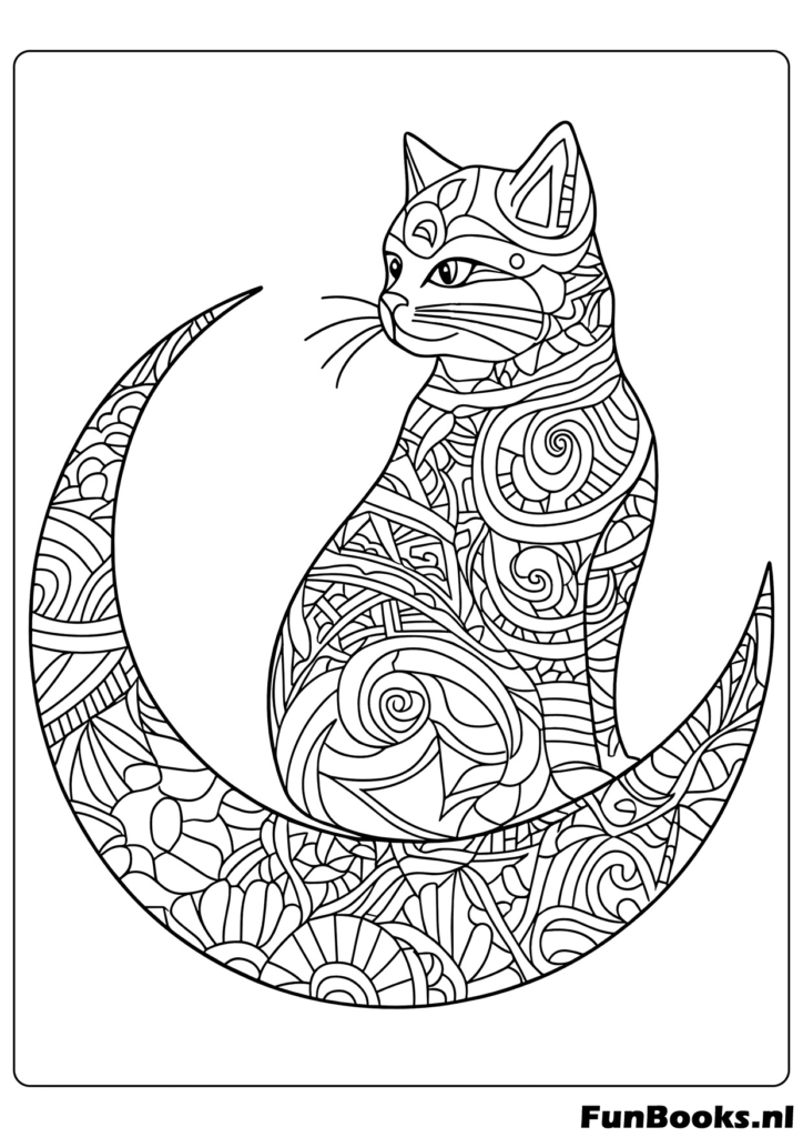 Cat sitting on a crescent moon with ornaments coloring sheet