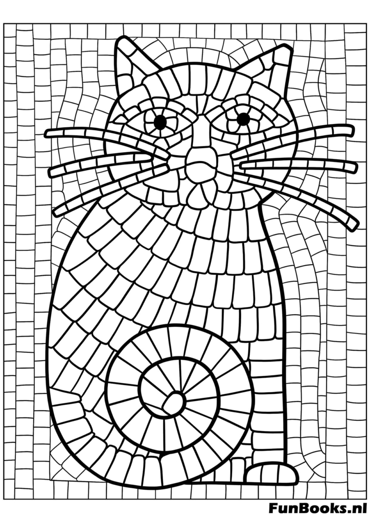 Cute cat sitting with back turned looking back geometric mosaic coloring page