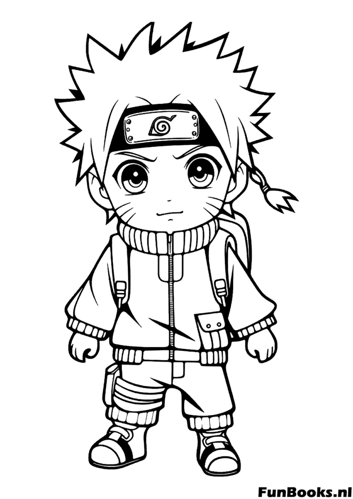 Einfache Strichzeichnung von Chibi Naruto stehend für Kinder Ausmalbild