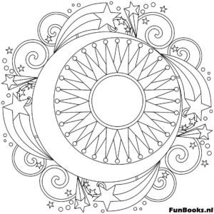 Dreamy mandala featuring a crescent moon and sun rays coloring page