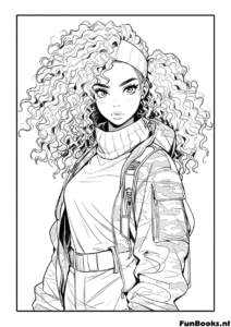Cool girl with voluminous curly hair wearing a bomber jacket street style coloring page