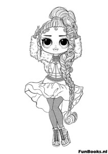 Lovely LOL doll with long curly hair wearing a party dress coloring page