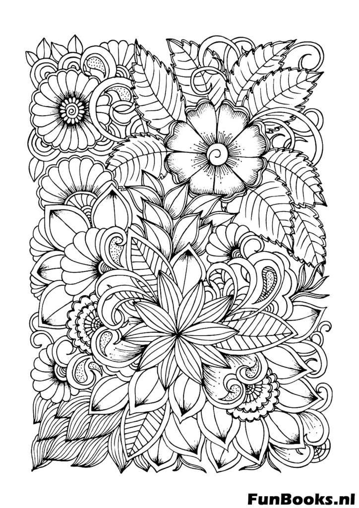 Intricate floral bouquet pattern with various blooms and leaves anti-stress coloring page