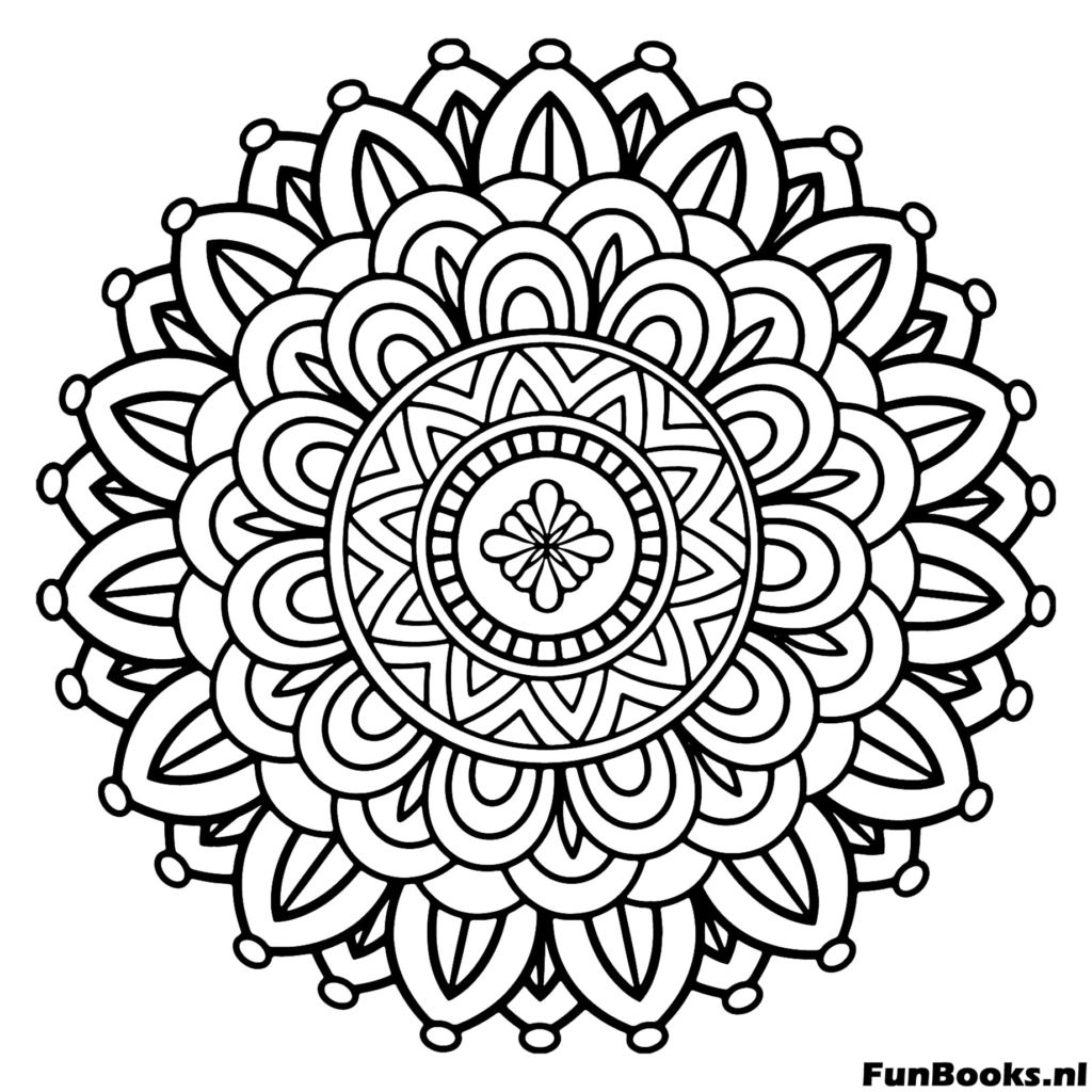 Highly detailed floral mandala pattern with layers of petals coloring page