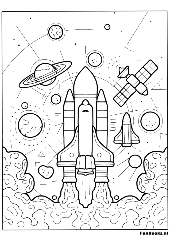 Complex rocket ship on launchpad with gantry coloring page