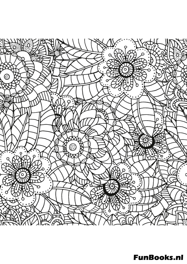 Dichtes Muster aus Laub und Blumen füllt die Seite Anti-Stress Ausmalbild