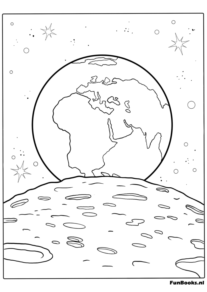 View of Earth and Moon from space with stars coloring page