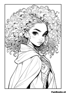 Fantasie Charakter Mädchen mit großen Locken trägt einen Umhang oder Cape Ausmalbild
