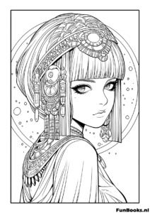Fantasy anime girl wearing intricate headpiece and jewelry detailed coloring page