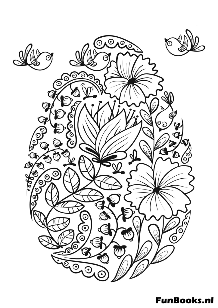 Decorative egg shape filled with zentangle flowers and leaves coloring page