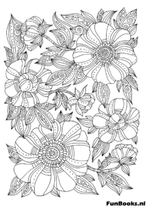 Dense vertical floral pattern with leaves and petals for adult coloring page