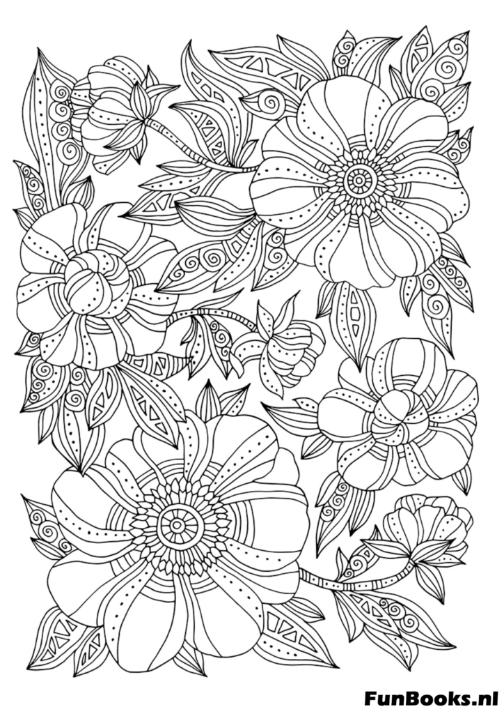 Dense vertical floral pattern with leaves and petals for adult coloring page