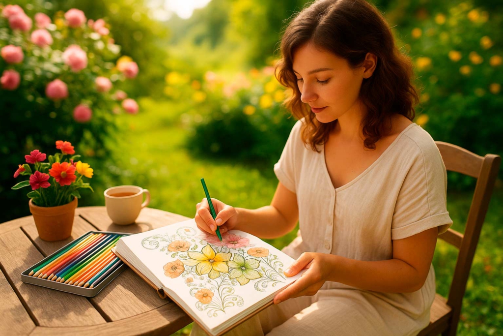 Ramo imprimible para momentos de creatividad, Lámina antiestrés con diseño floral para colorear