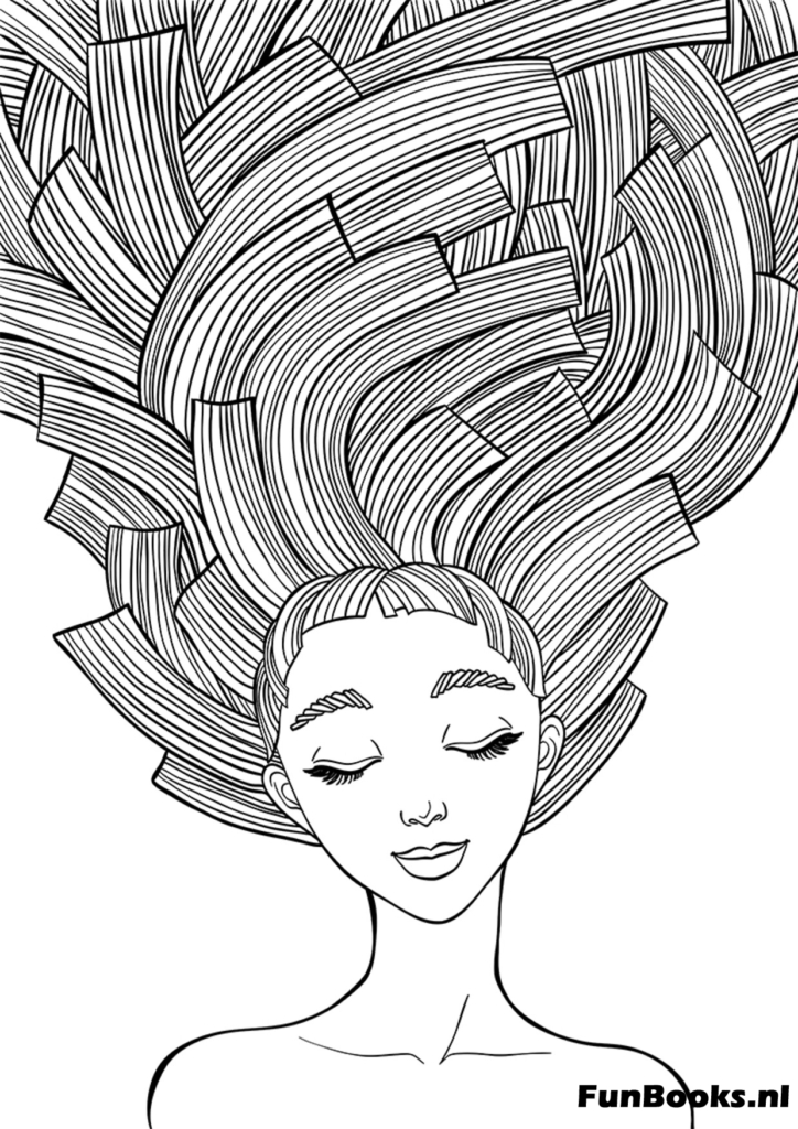 Porträt einer Frau mit hohen abstrakten Zentangle-Haarmustern zur Entspannung Ausmalbild