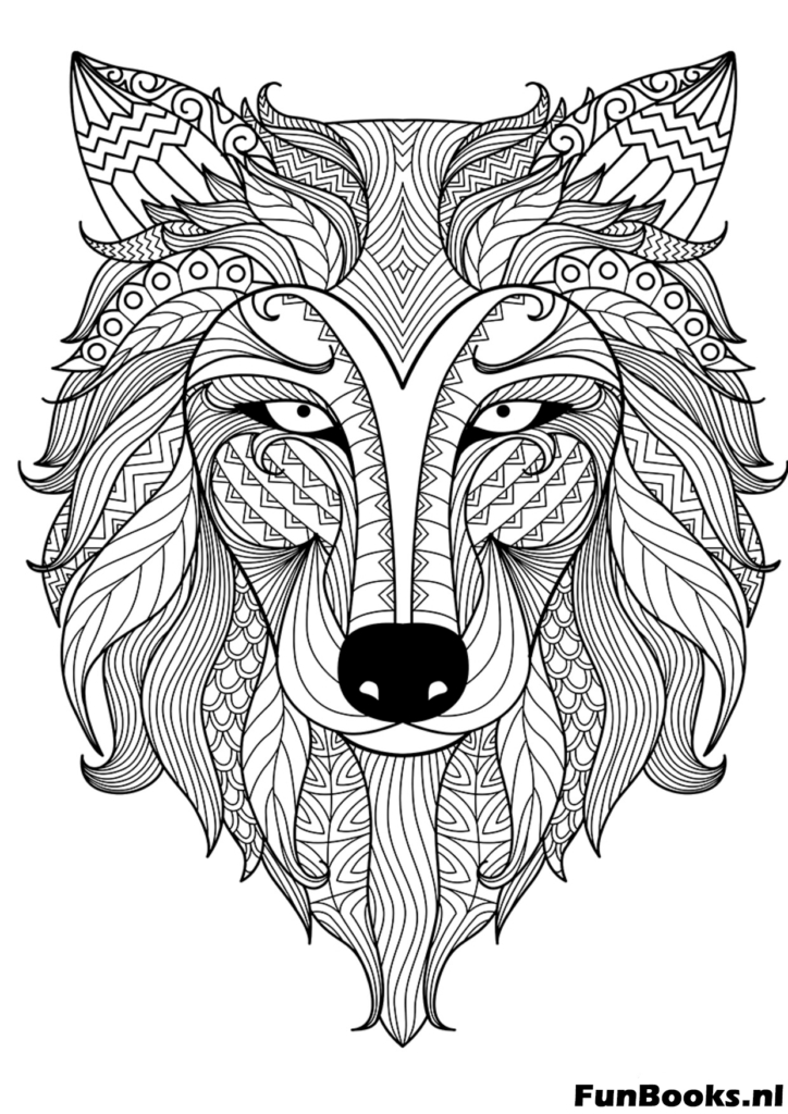 Geometrischer Wolfskopf Mandala Stil Ausmalbild