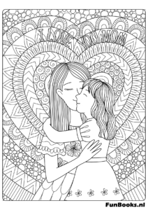 Heartwarming scene of a girl hugging a horse inside a heart frame coloring page