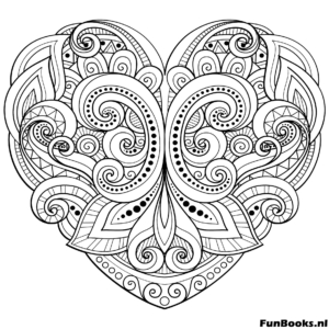Heart shaped mandala filled with floral swirls and leaves coloring page