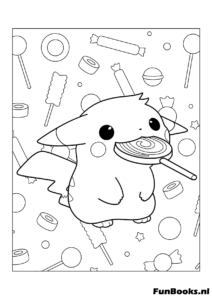 Schattige hongerige Pikachu eet voedsel met kruimels kleurplaat