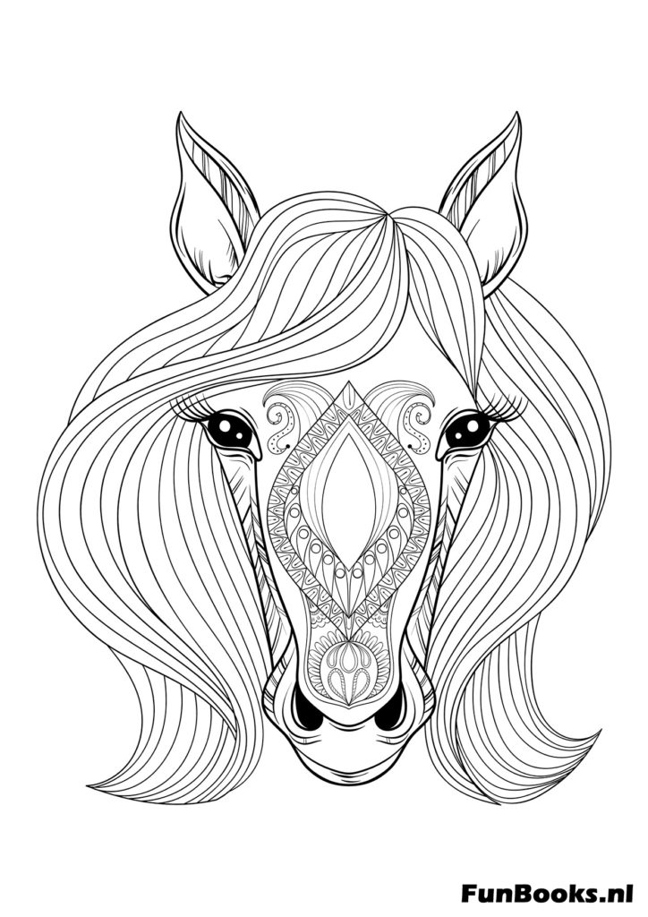 Majestic horse head portrait filled with zen doodle patterns coloring page