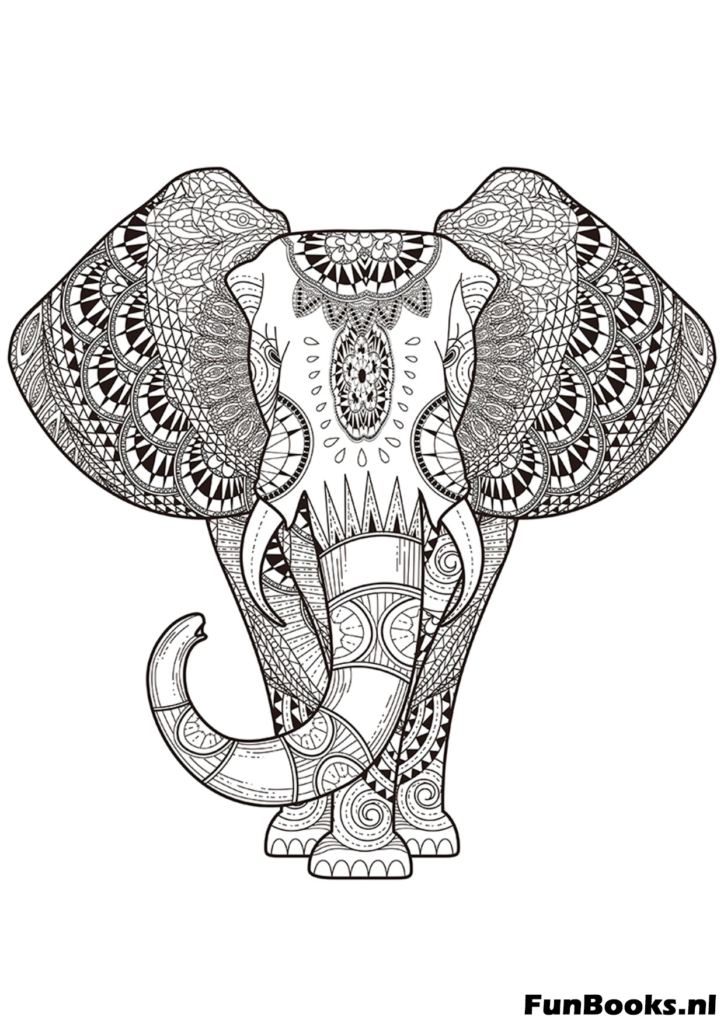 Indian elephant with floral ornaments coloring page for adults