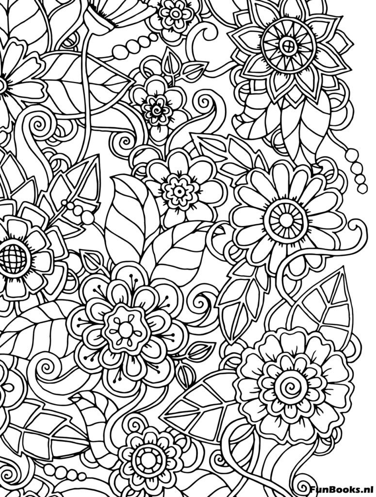 Dense background of intricate leaves and small flowers nature pattern coloring page
