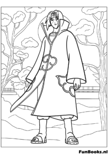 Itachi Uchiha wearing the Akatsuki cloak standing mysteriously coloring page
