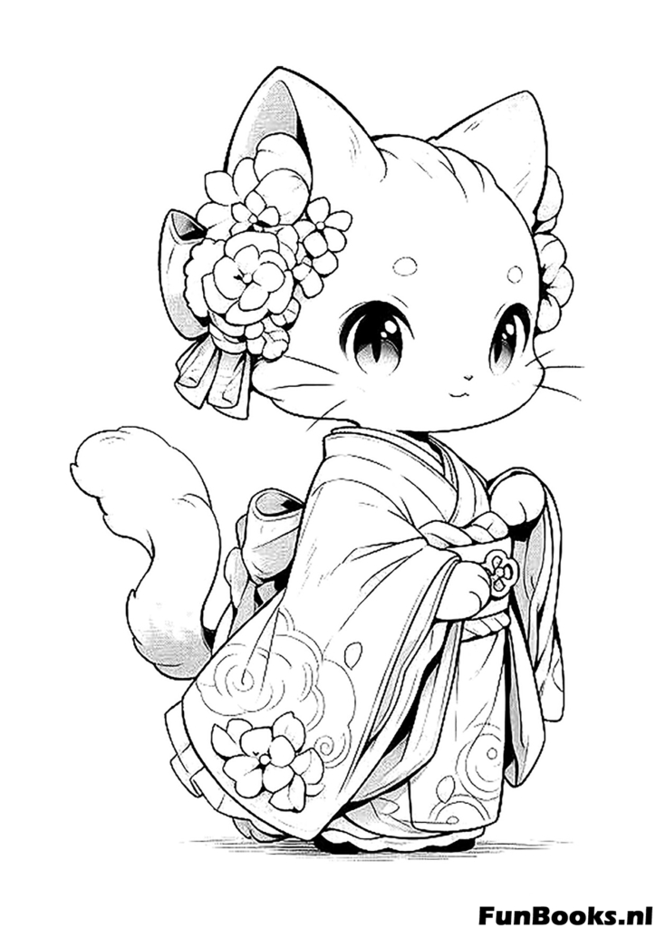 Anime cat wearing a traditional Japanese kimono and holding a bag coloring page