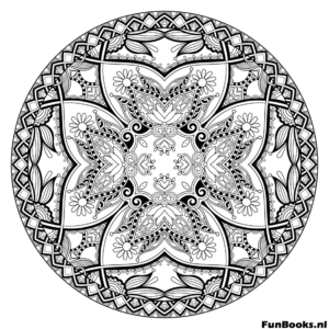 Kaleidoscope style mandala with star patterns for focus coloring page
