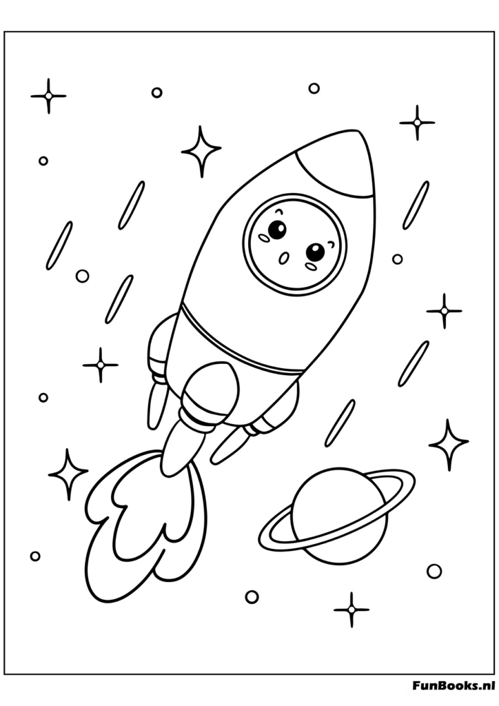 Cute kawaii style rocket ship flying with stars coloring page