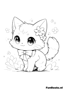 Kitten with Bow Ribbon Coloring Page Adorable kitten wearing a large bow ribbon looking fancy coloring page