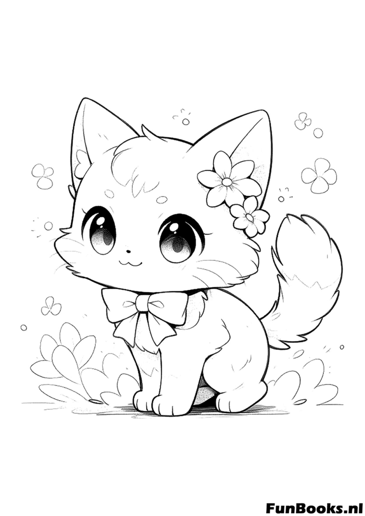 Adorable kitten wearing a large bow ribbon looking fancy coloring page