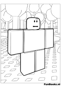 Simpel blokkig Roblox personage of Noob staand in een 3D perspectief kleurplaat