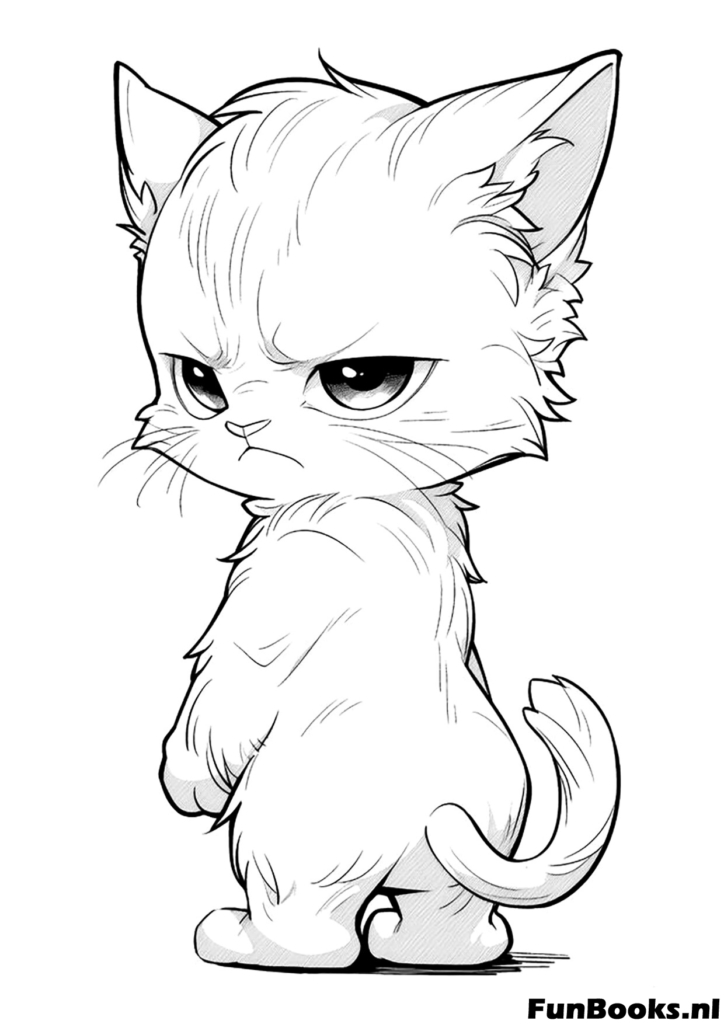 Serieus kijkende anime kat staat met gekruiste armen chibi stijl kleurplaat